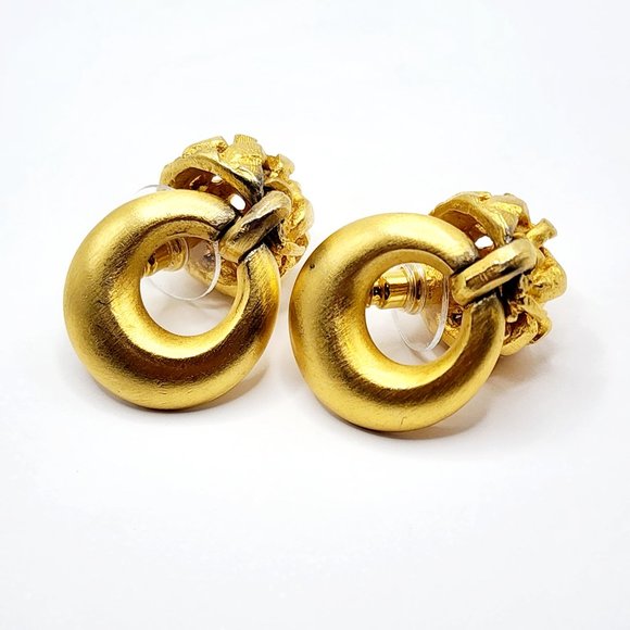 Vintage Unsigned Anne Klein Gold-Tone Basket Weave Hoop Drop Earrings, Pierced - Picture 8 of 8